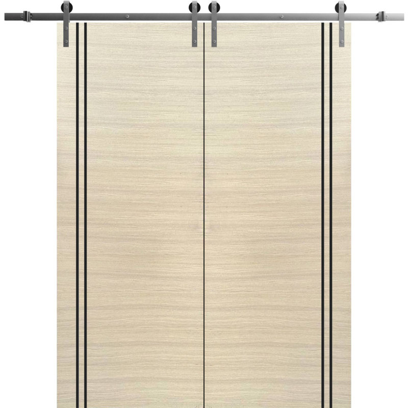 Portes coulissantes doubles de style grange avec quincaillerie Planum 0016, placage naturel, rail de 4 m (13 pi), supports robustes, ensemble moderne à panneaux pleins, porte intérieure pour hall, chambre ou salle de bain - 213 cm x 203 cm (84 po x 80 po) (2 x 107 cm x 42 po) - Rail argenté
