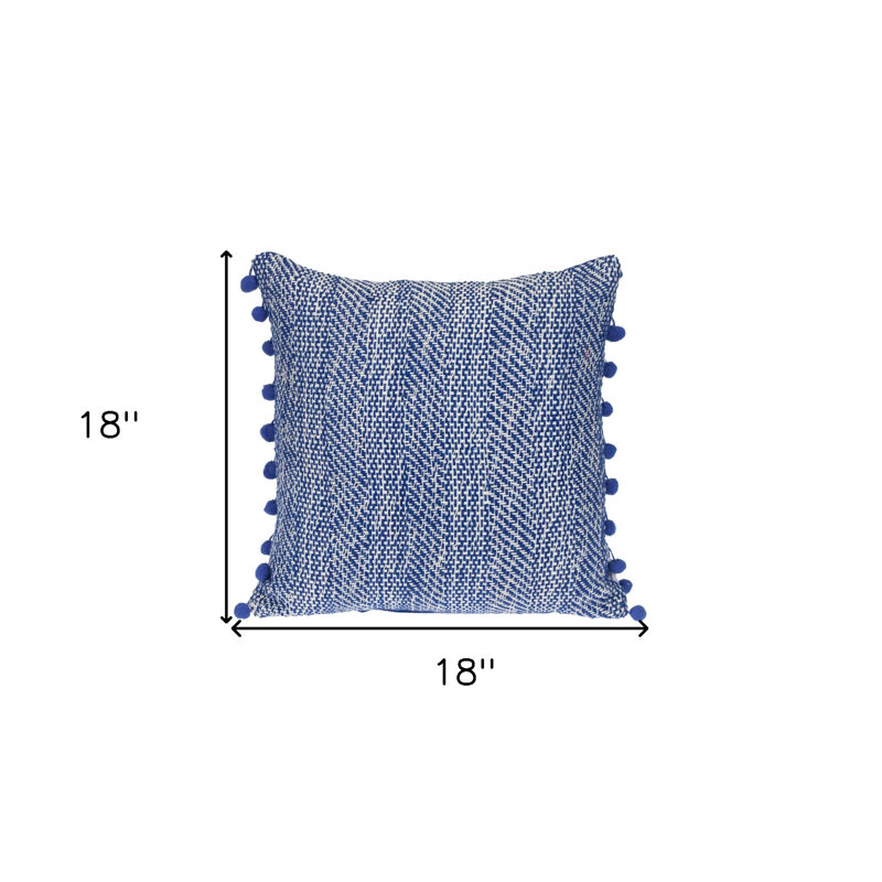 Coussin 18 "en coton tissé bleu et blanc avec pompons