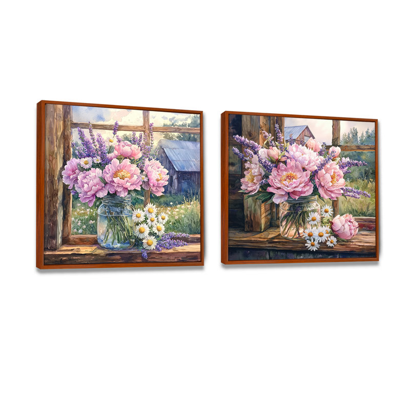 Blush pivoine et lavande - mélange de bouquets assortis - art mural traditionnel sur toile, 2 pièces, H 36 po x l 73 po, Brun