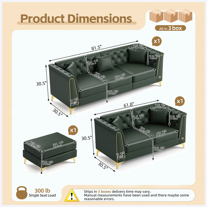 Canapé Chesterfield modulaire avec coussins capitonnés en similicuir vert pour salon, appartement, Green