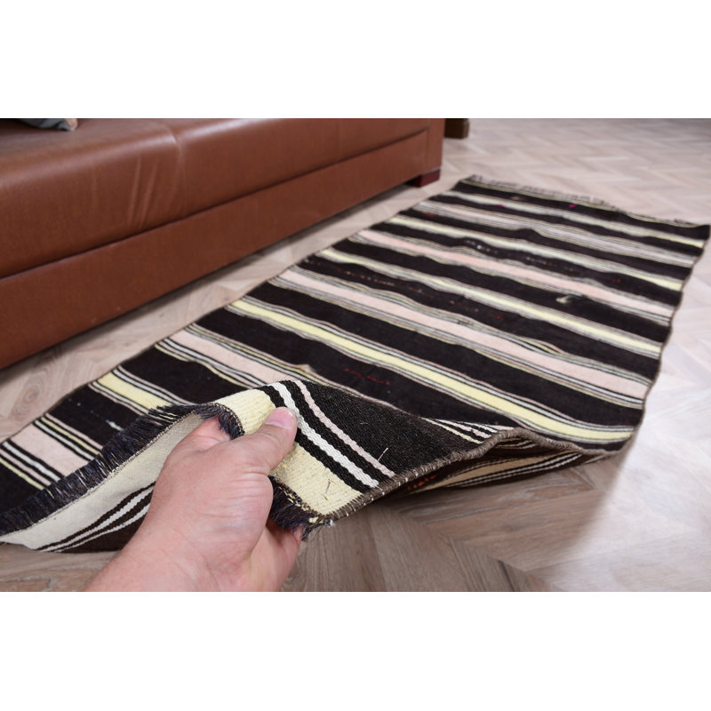Handmade Turkish Kilim Rug in Striped Brown for Stylish Living Room Accent