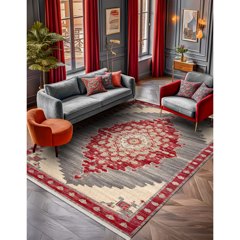 Marisol Burgundy Beige Gray Oriental Machine Printed Cotton Polyester Area Rug, Runner 4' x 8'3"