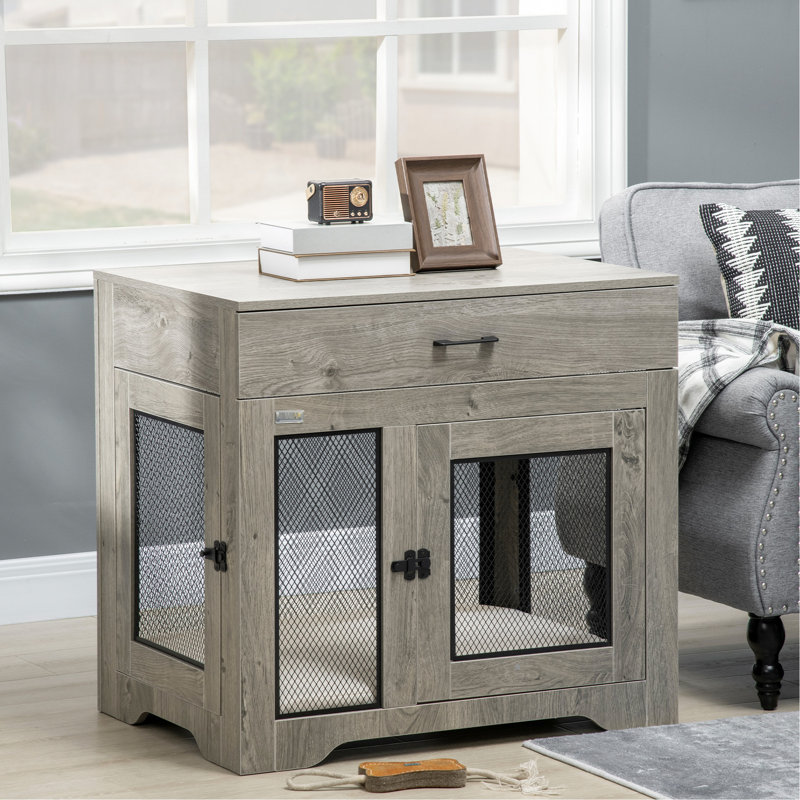 Chenil gris pour chien avec coussin moelleux et cage de rangement pour chiot avec tiroir fonctionnel