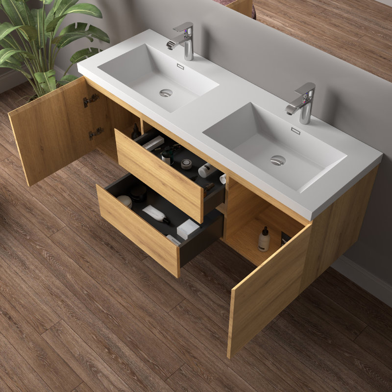 Meuble-lavabo mural double 60 po avec dessus en pierre blanc brillant, 2 tiroirs et 2 portes