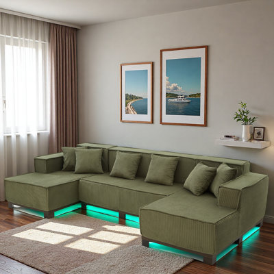 Modern U-shaped Sectional Sofa With Rgb Led Light Strip And 6 Pillows