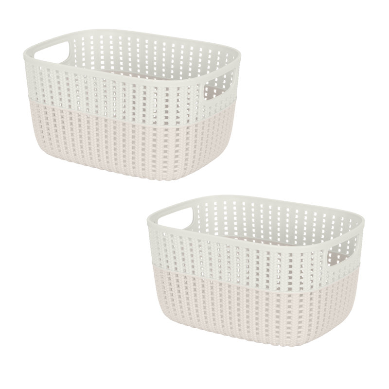 Ivory Rectangular Plastic Storage Basket with Built-in Handles