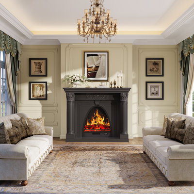 Foyer électrique en bois massif de 130 cm avec manteau, meuble télé intégré, noyer