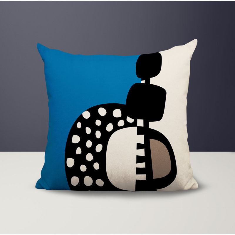 Oreiller carré réversible intérieur / extérieur Khari, H 19 po x l 19 po, Turquoise/Black/Off-White Abstract