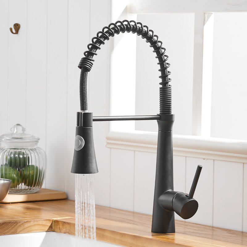 Robinet de cuisine rétractable à poignée simple avec conduites d'alimentation, Noir mat