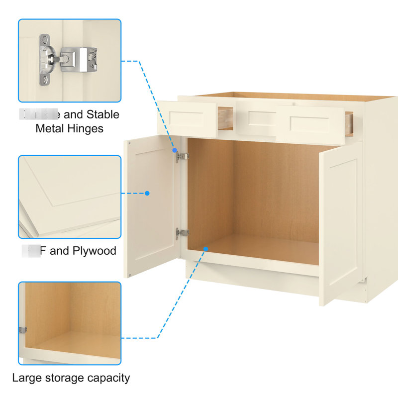Meuble-lavabo léger antique en contreplaqué blanc pour cuisine et salle de bain 36 po x 21 po x 34,5 po, Blanc antique