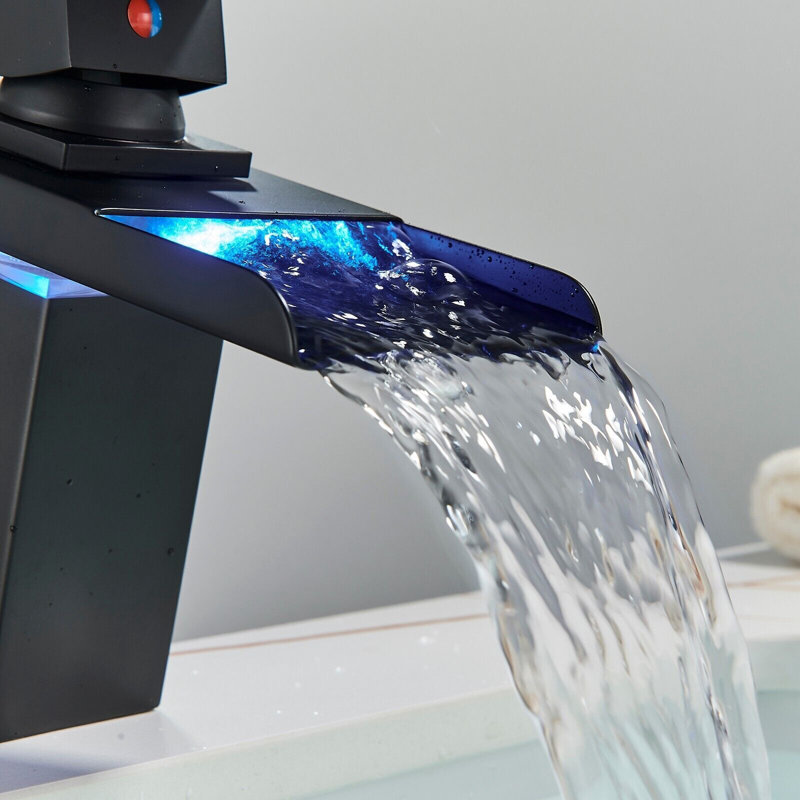 LED Waterfall Spout Single Hole Bathroom Faucet, Matte Black