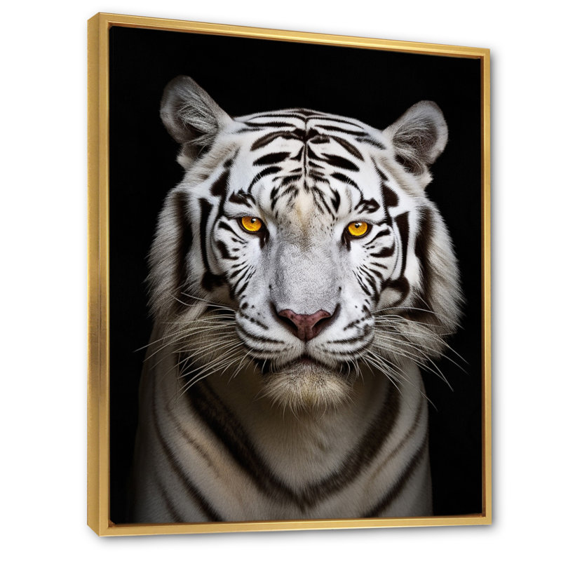 Tigre blanc féroce III - reproduction sur toile, H 20 po x l 12 po, Cadre flottant doré
