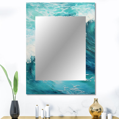 «Ocean Teal Wave Expression I - Waves Unique Mirror», grand miroir mural bleu, reproduction d'art en métal