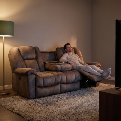 Causeuse inclinable électrique de 83 po avec console, lumières DEL, port USB et porte-gobelets, siège de cinéma maison en tissu