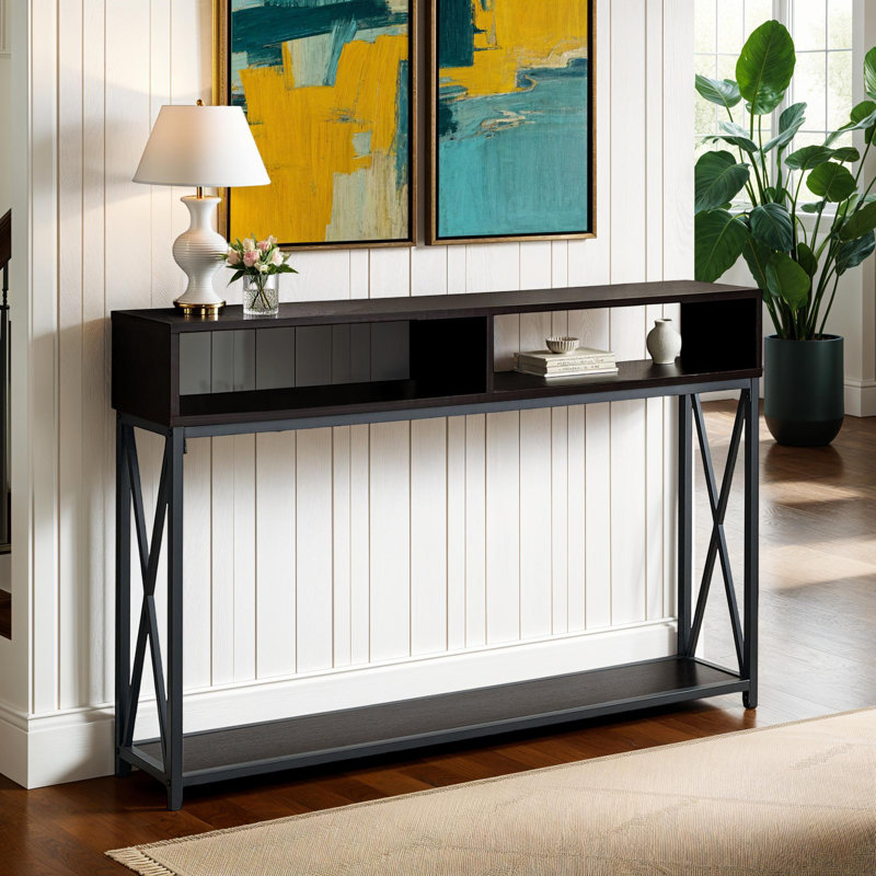 Metal X Frame Console Table with Open Shelves, Dark Brown