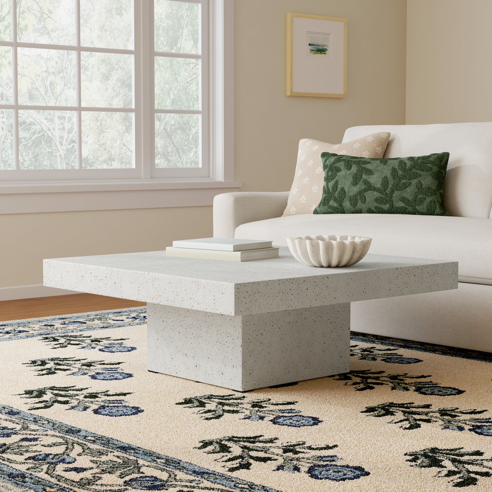 Kareen 43" Concrete Coffee Table, Ivory Terrazzo