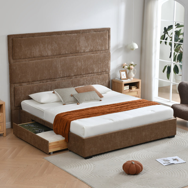 Upholstered Platform Bed with Under Bed Storage Drawers, Soft Upholstered Headboard Modern Bedroom Furniture, Brown, King