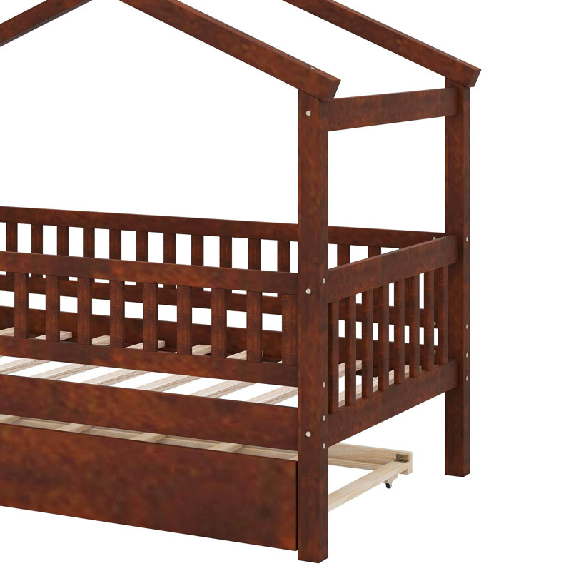 Lit simple en bois avec lit gigogne, Noyer, Lit simple