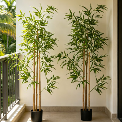 Ensemble de 2 arbres en bambou artificiel de 6 pi, plante de bambou haut en pot de chambre de bébé avec fausse herbe, arbre décoratif réaliste pour bureau intérieur, salon, sans entretien, pré-assemblé