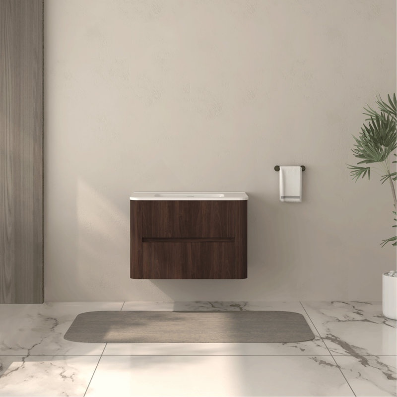 Meuble-lavabo mural 30 po avec lavabo flottant à deux tiroirs en noyer foncé avec lavabo intégré en céramique 30 po