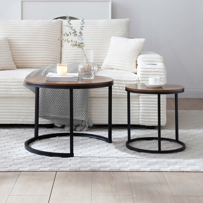 Ensemble de 2 tables basses gigognes à plateau de table rond avec cadre en métal robuste, centre de table, salon, chambre à coucher, appartement, table de chevet simple, industrielle