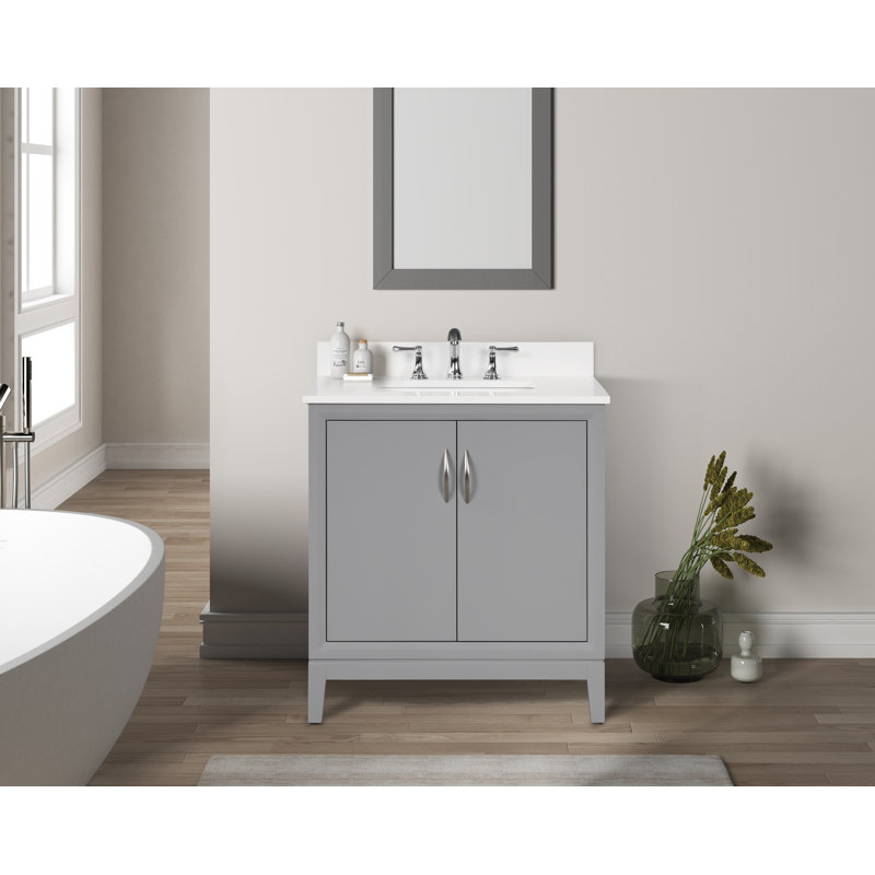 Meuble-lavabo simple 30 po avec comptoir en quartz blanc, lavabo et dosseret Luton. Gris moderne. Pré-assemblage