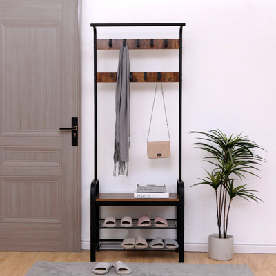 Coat Rack, Hall Tree with Shoe Bench for Entryway, Entryway Bench with Coat Rack, 4-in-1, with 9 Removable Hooks, a Hanging Rod, 13.8 x 25.2 x 72.8 Inches, Rustic Brown and Black
