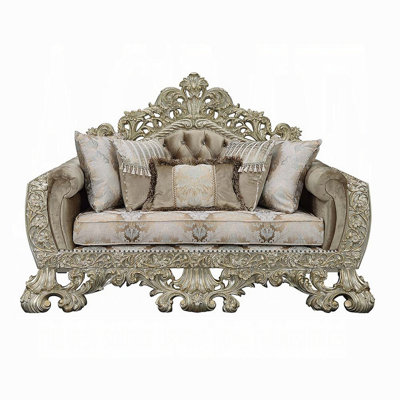 Esen Ornate Loveseat, 5 Accent Pillows, Gold , Tufted Brown Velvet