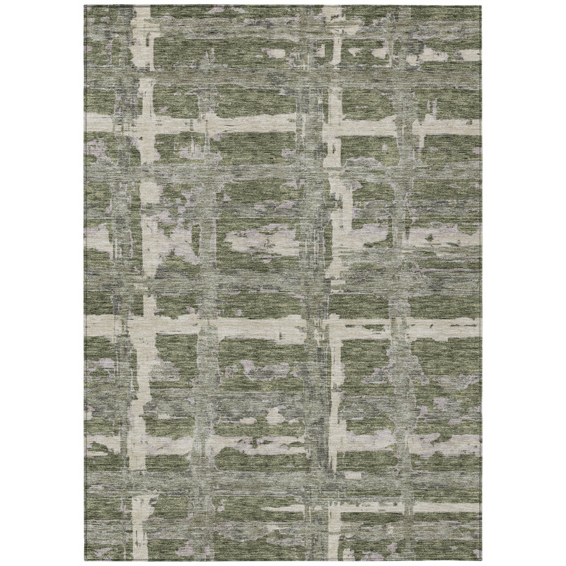 Olive Green Gray And Beige Striped Washable Indoor Outdoor Area Rug, Rectangle 5' x 8'
