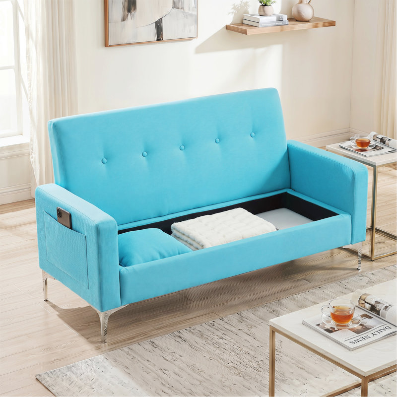 Canapé capitonné avec rangement, causeuse pour salon, appartement, bureau à domicile, Tissu bleu