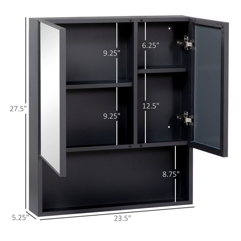 Armoire à pharmacie murale Kleankin, miroir de salle de bain avec portes doubles et tablettes de rangement, noir