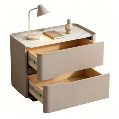 Italian-style Coffee Wood Nightstand with 2 Drawers & White Marble Top - Solid Wood Bedside Table for Living Room & Bedroom (19.7x15.7x19.7 Inch)