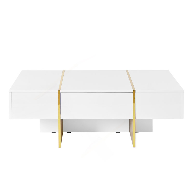 Modern Multi-Storage Rectangle Sofa Table with Golden Wood, White