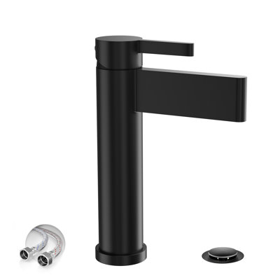 Robinet de lavabo de salle de bain noir mat à 1 trou, poignée simple, avec bonde escamotable en métal et conduites d'alimentation en eau