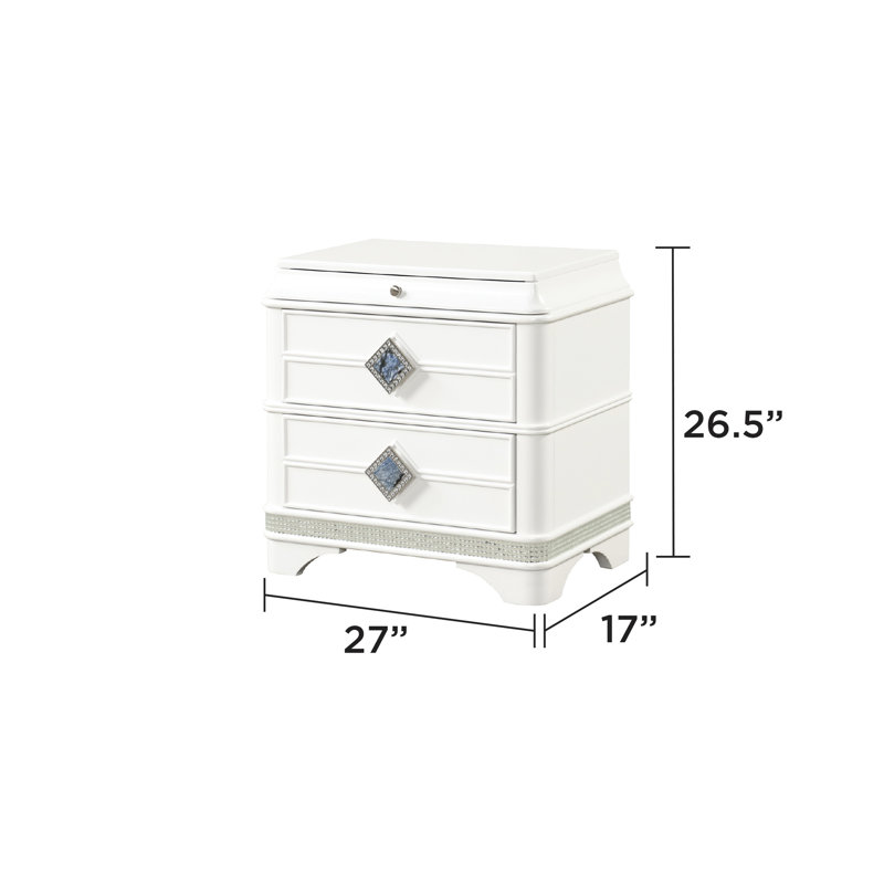 Table de chevet 2 de style moderne en blanc avec tiroirs, poignées en marbre bleu et espace caché pour bijoux pour chambre à coucher, 2, table de chevet, blanc, poignées, espace, configuration