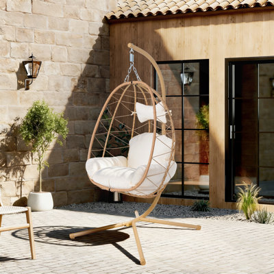 Fauteuil à œufs suspendu avec support, hamac intérieur et extérieur en osier avec coussin lavable pour patio et jardin