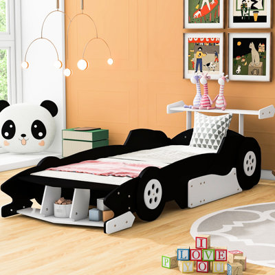 Lit plateforme simple en forme de voiture de course avec roues, noir, contreplaqué et construction, support, rails latéraux pour un sommeil confortable, 98,7 po x 41,7 po x 26,5 po