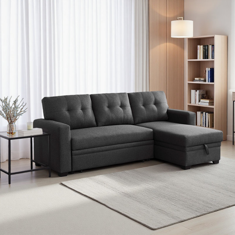 Canapé modulaire convertible rembourré avec méridienne coulissante, Lin gris foncé