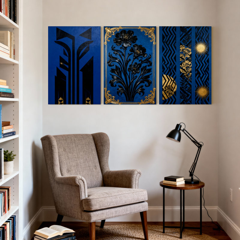 Abstrait bleu, noir, or, motif géométrique floral, ensemble de 3 impressions sur toile, H 18 po x l 36 po