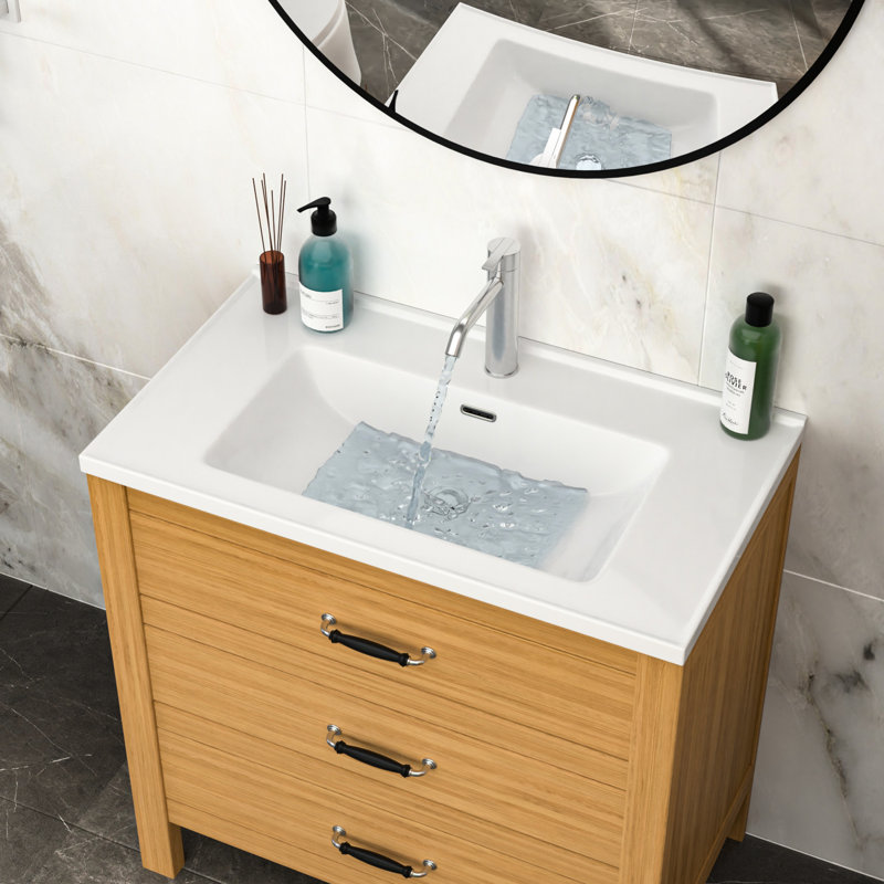 Lavabo de meuble-lavabo rectangulaire 35 po x 20 po blanc, lavabo simple avec trou de robinet et trop-plein, céramique antitaches de haute qualité, faible absorption d'eau, résistance aux acides, plateau poli lisse, trou, finition