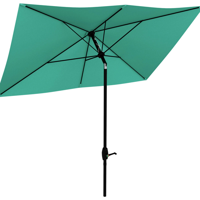 Parasol de patio rectangulaire de 6,5 pi x 10 pi, protégé, manivelle simple et inclinable, parasol bleu sarcelle pour patio, housse de protection, inclinaison réglable facile,