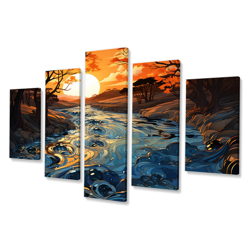 «Orange River and Blue River Serene Journey I - Forest River Multipanel», art mural