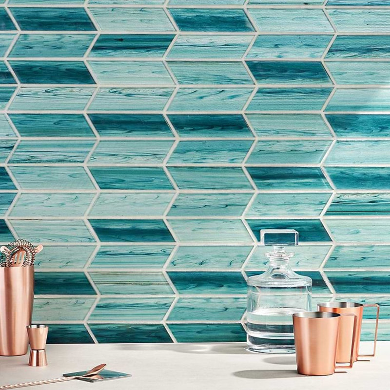 Maya 2x7 Chevron Polished Glass Mosaic Tile, Chevron Teal