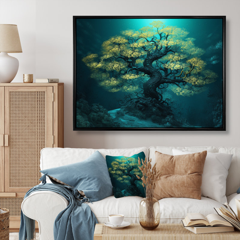 «Ruud Glowing Bonsai Tree I», reproduction sur toile, H 24 po x l 32 po x P 1 po, Cadre flottant noir