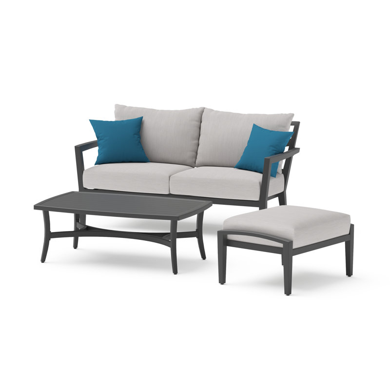 Calliann Sunbrella Outdoor Patio Love Seat, Coffee Table, & Ottoman Set - Gray, 1