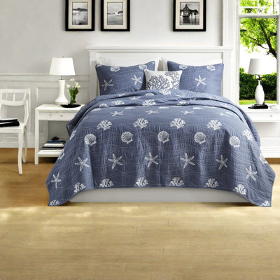 Ensemble de literie en coton luxueux, courtepointe réversible brodée, style bord de mer bleu marine