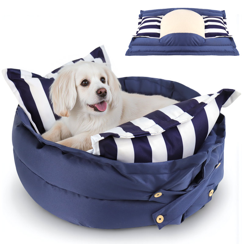 Man Friend Comfort Wowmax Calming Dog Bed For Medium Size Dogs Up To 18.1 kg, Round Dog Beds With Removable Washable Cover, Anti-Anxiety Dogs Beds, Pet Beds With Non-Slip Bottom, 58.4 × 22.9 cm, Blue Stripes