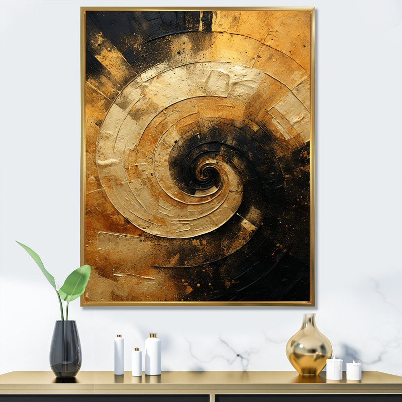 «Gold Black Desert Mirage Spiral», reproduction sur toile, H 44 po x l 34 po, Cadre flottant doré