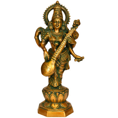 13" Handcrafted Brass Goddess Saraswati Statue - Hindu Knowledge & Wisdom Deity, Traditional Veena Playing Sculpture, Spiritual Learning Home Decor Centerpiece