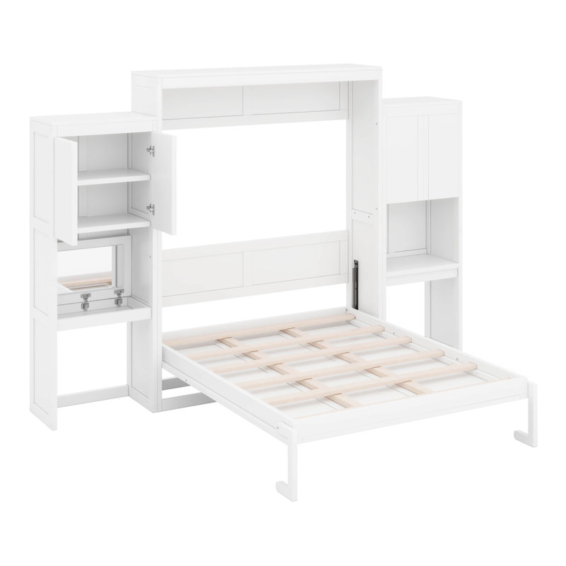 Grand lit escamotable avec armoire, bureau et coiffeuse, Blanc